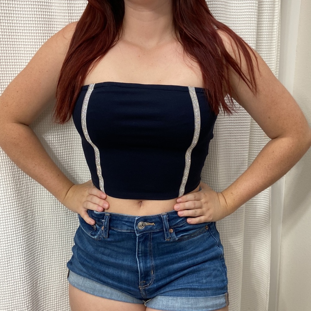 Women’s Urban Outfitters navy blue sparkle strapless bandeau/tube top. Size M - Picture 4 of 13